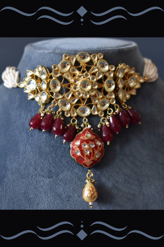 Kundan Choker Necklace Earrings Set kmchnes220183