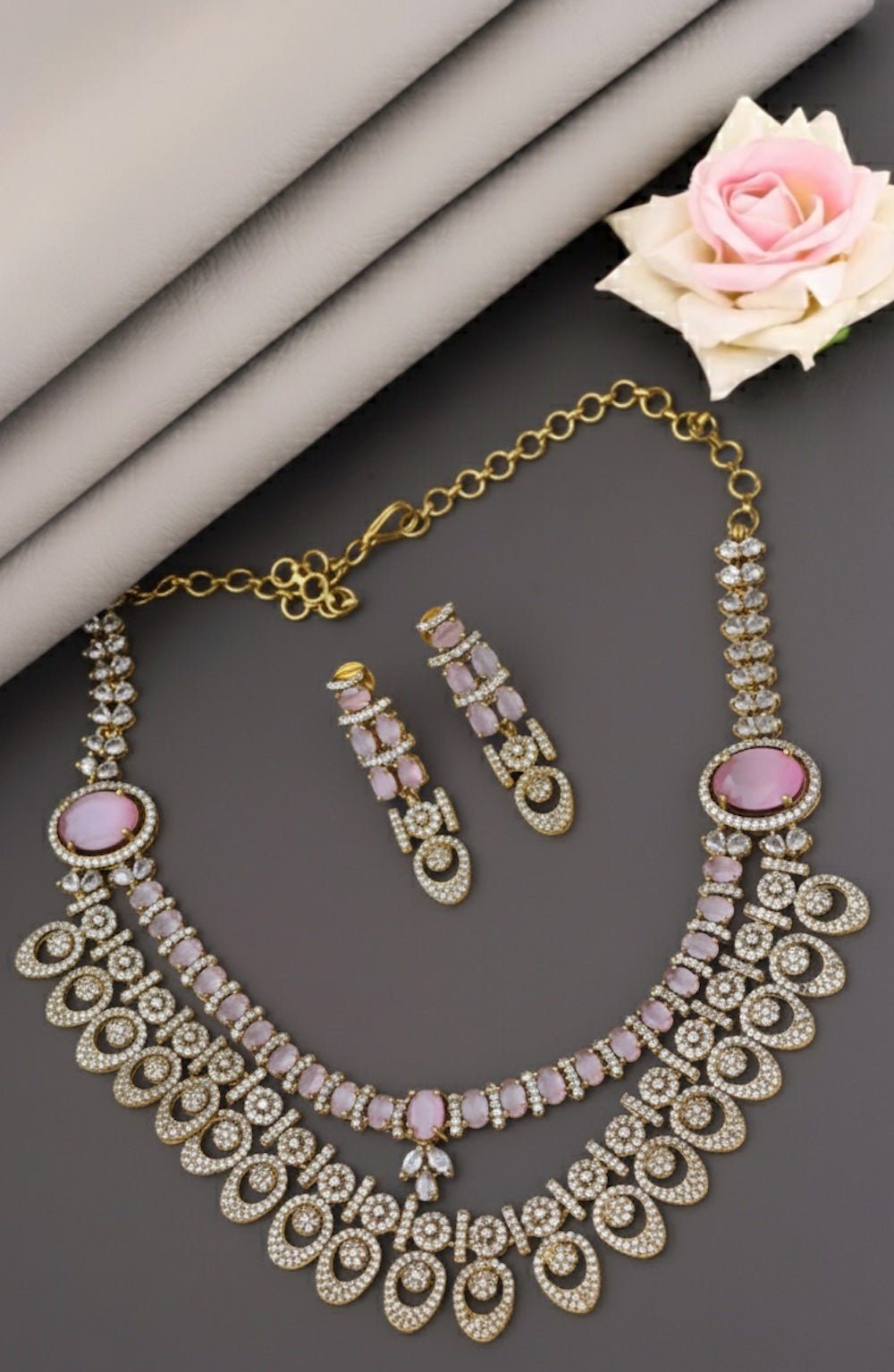 ad multilayer pink stone studded victorian polish necklace earrings set