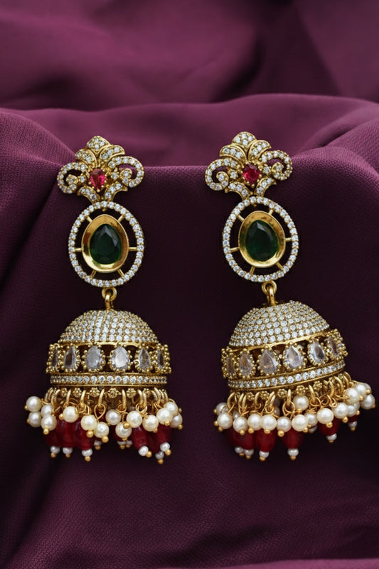 Ad zircon antique mehendi gold finish ethnic jhumka earrings 250288