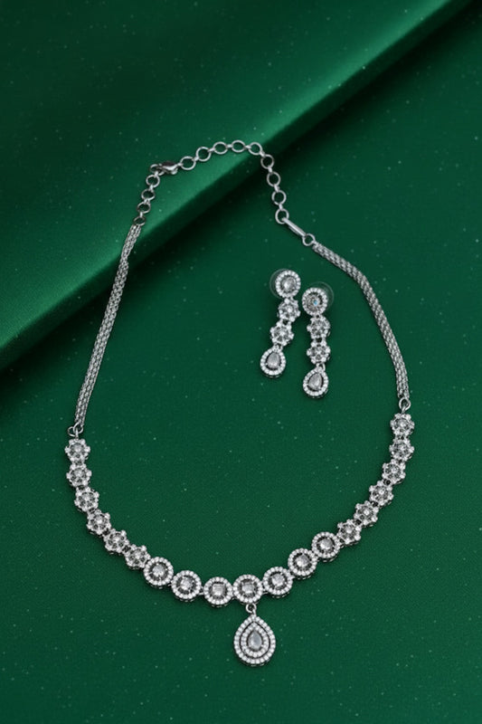 Ad silver polish delicate necklace earrings Set adspchnes250322