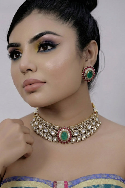 big size kundan choker necklace earrings with doublet stone and pota ruby indian bridal jewellery