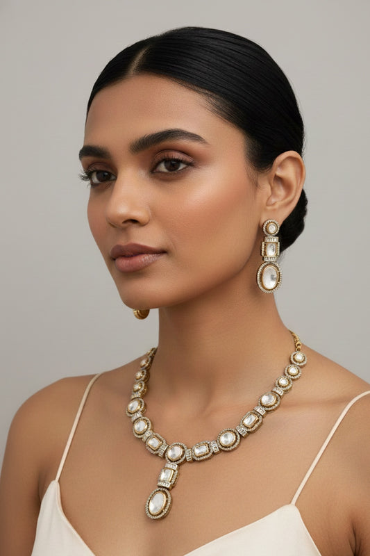 Jadau long Necklace earring moissanite polki zirconia pota ruby set kadlnes250386