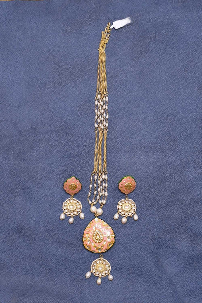 Jadau Kundan Meenakari Long Necklace Earrings Set kmlnes220003