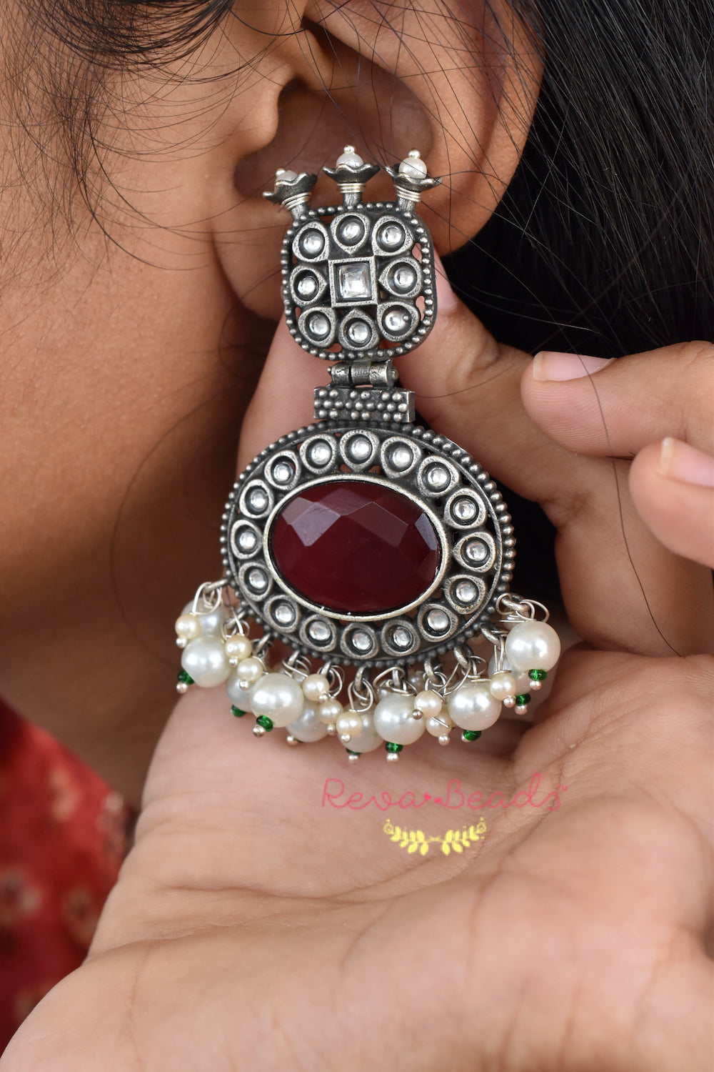 maroon oxidised earrings