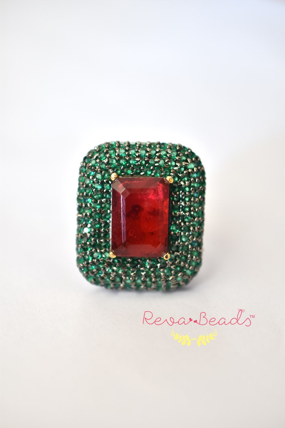 red green cz doublet finger ring