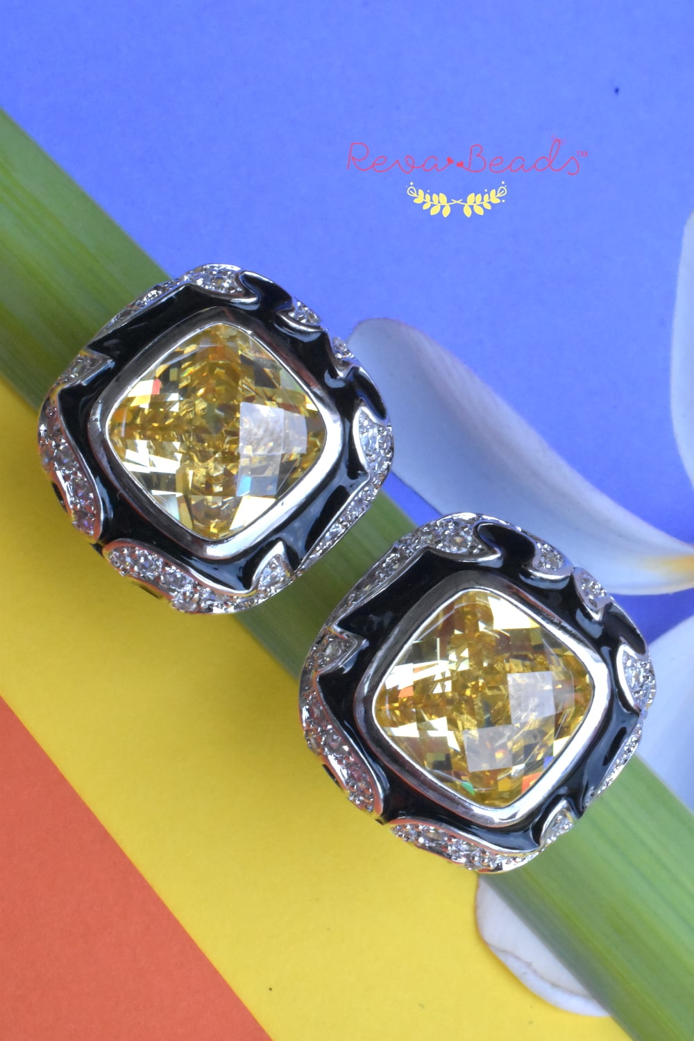 square enamel silver finish earrings