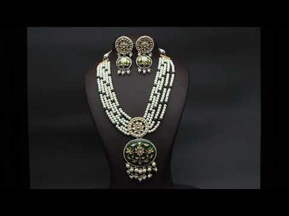 Jadau Kundan Meenakari Long Necklace Earrings Set kmcnes220004