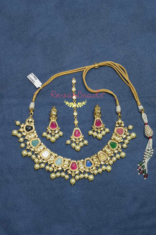 Jadau Kundan Choker Necklace Earrings Tika Set kchnets220012