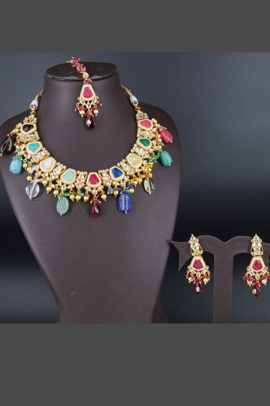 Navratna necklace earrings tika set