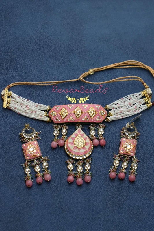 Kundan Meenakari Choker Necklace Earrings Set kmchnes220395