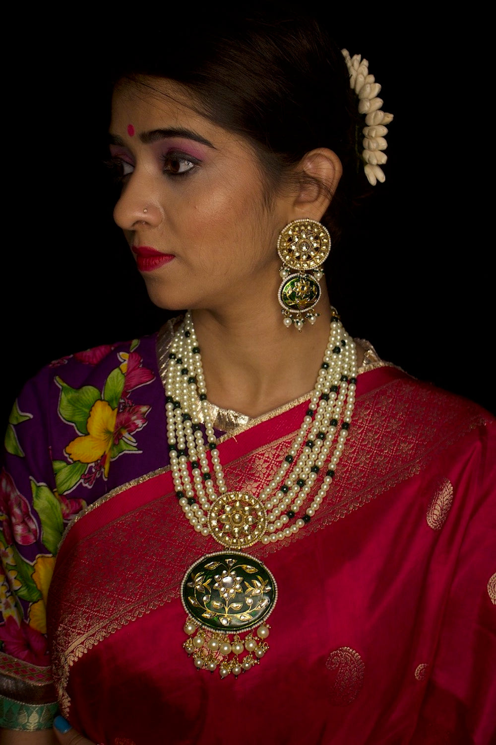 Jadau Kundan Meenakari Long Necklace Earrings Set kmcnes220004