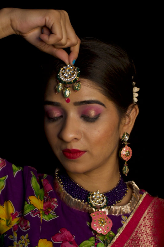 purple pink green kundan Meena necklace earring tika set