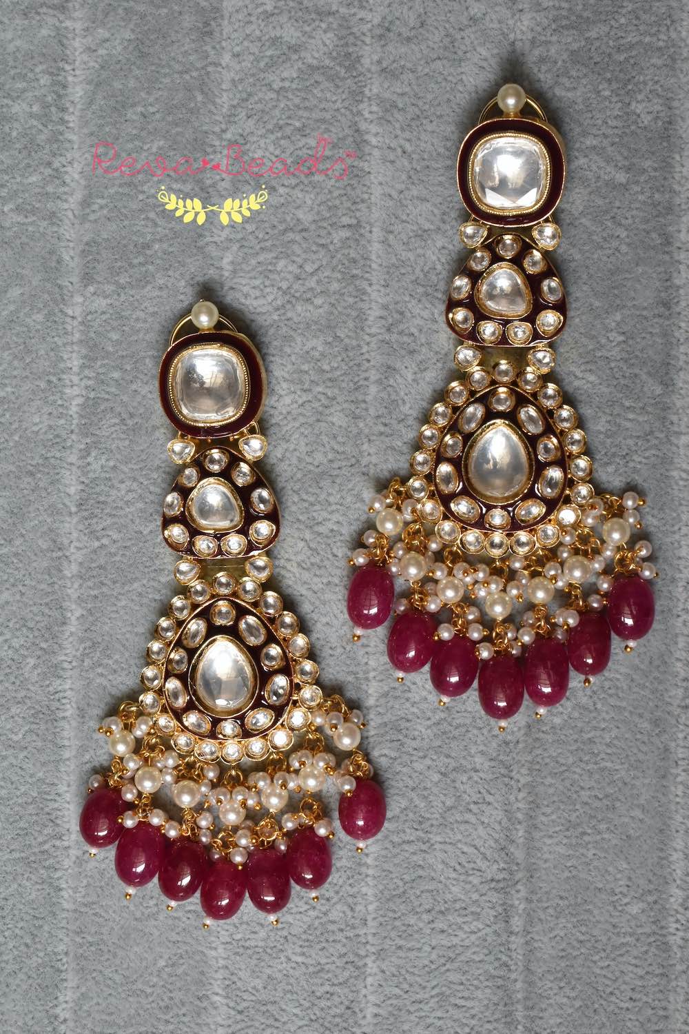maroon kundan Meena long earrings