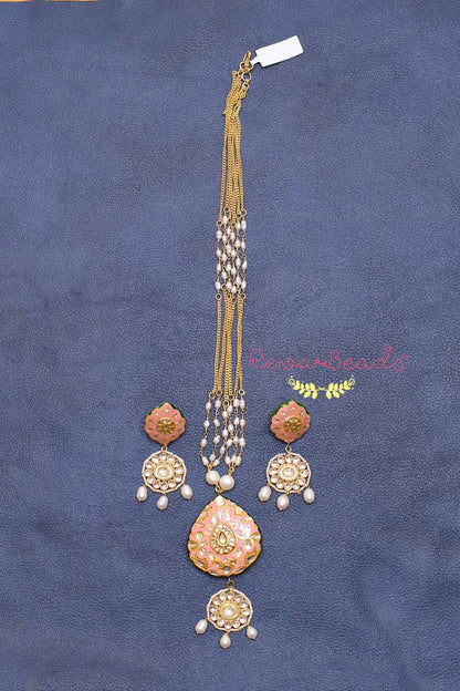 Jadau Kundan Meenakari Long Necklace Earrings Set kmlnes220003