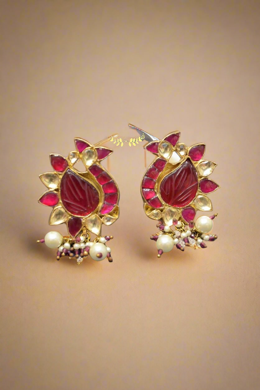 peacock carving kundan earrings