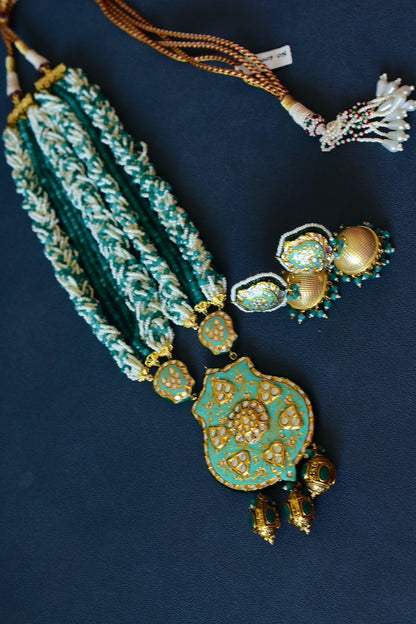 pearl mint green meenakari long necklace earrings