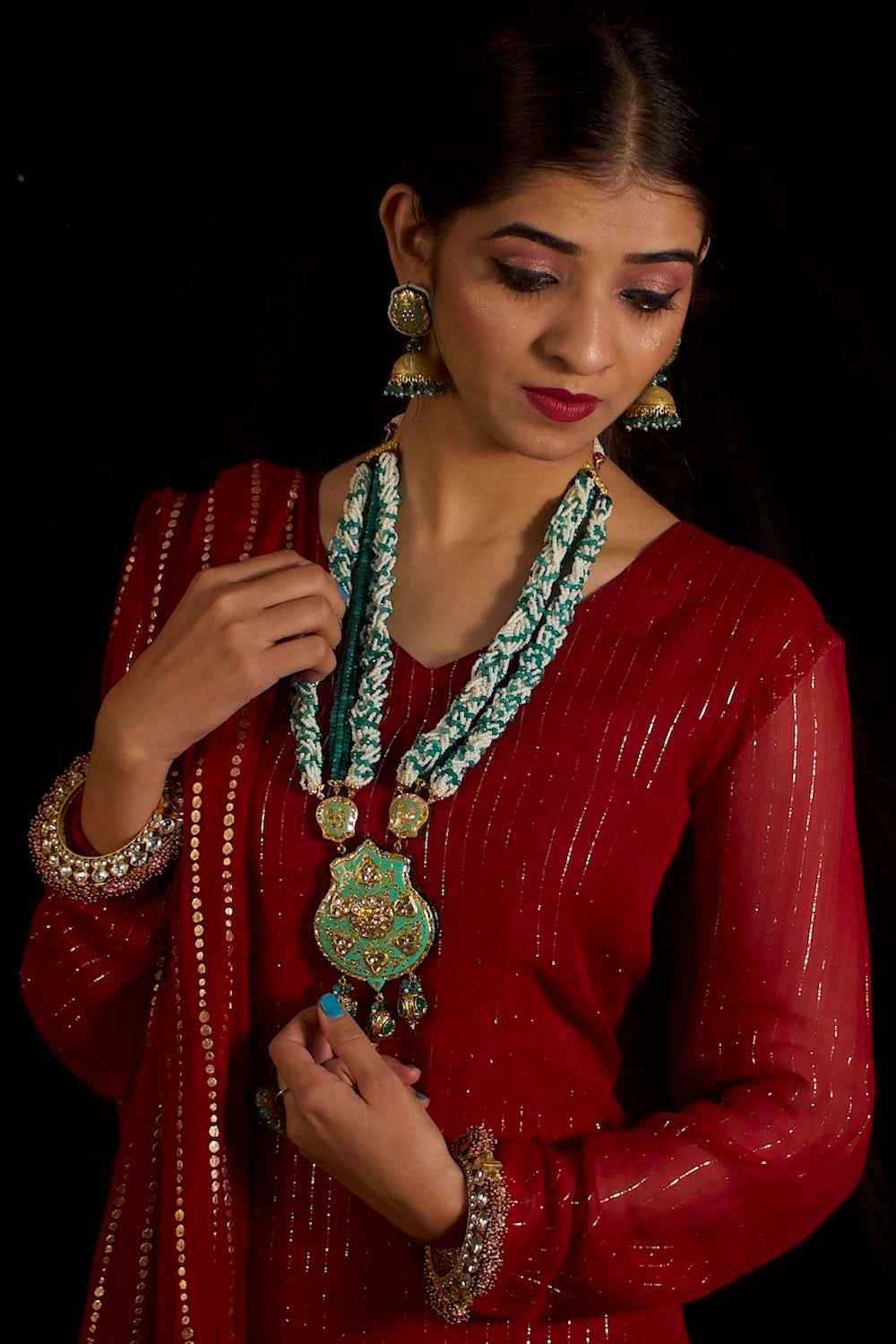 mint meenakari long necklace with jhumki earrings