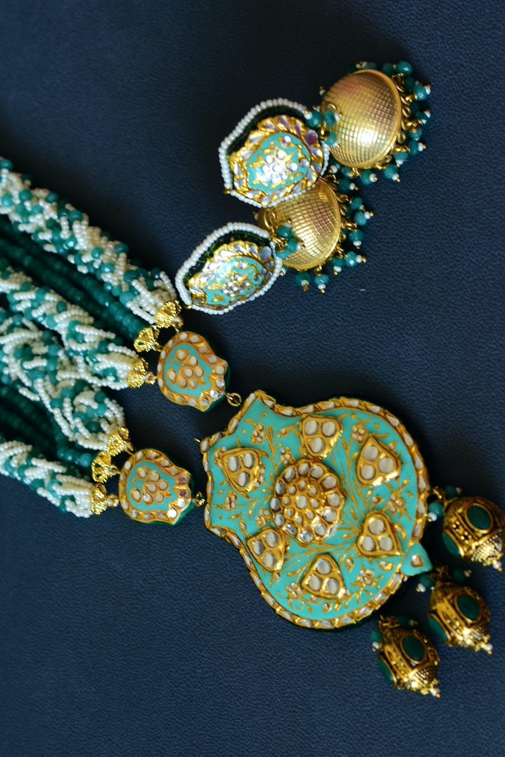 pearl mint green meenakari long necklace earrings