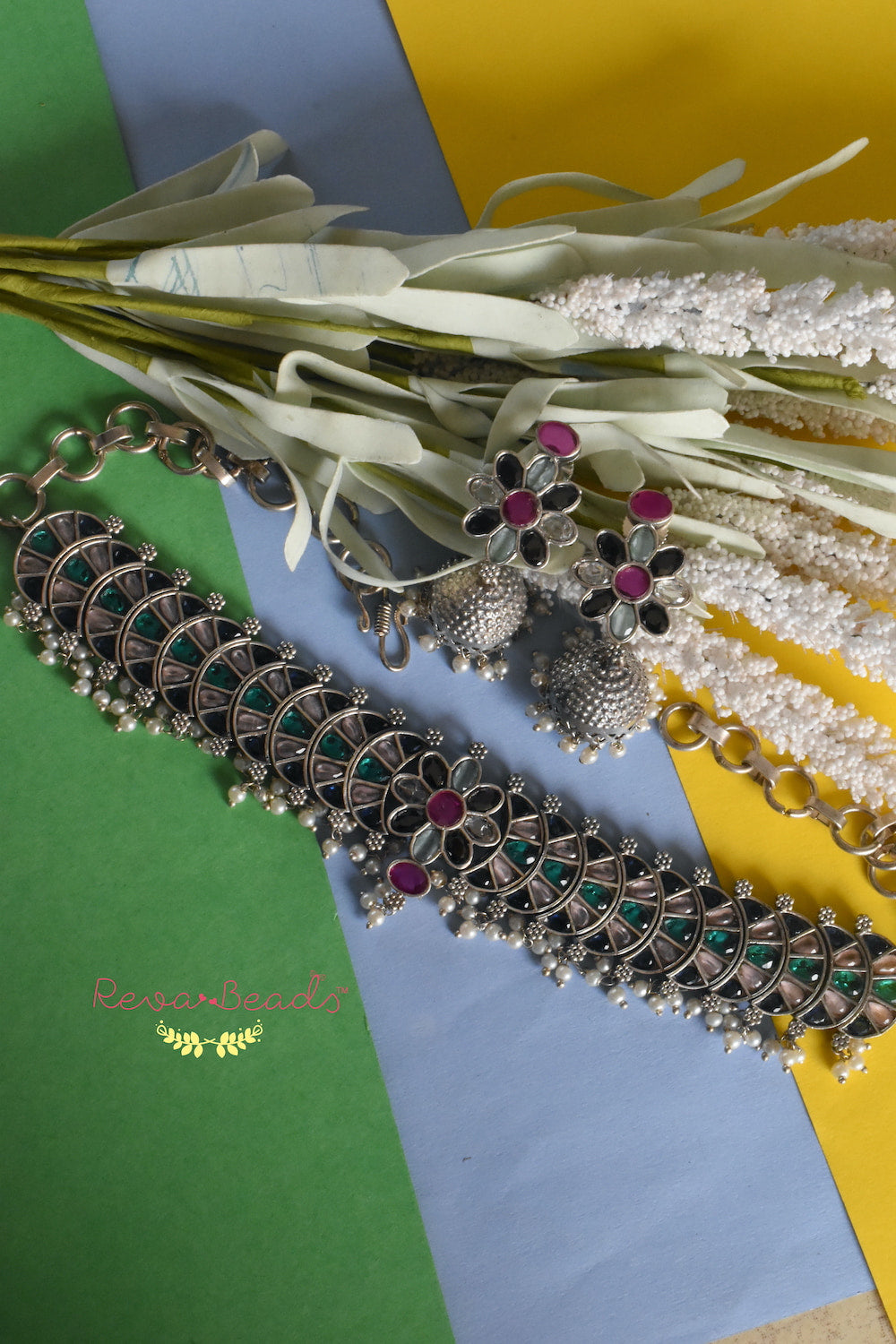 silver navratna choker