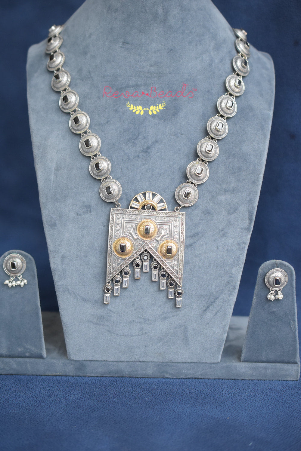 tribal long necklace studded stone earrings set