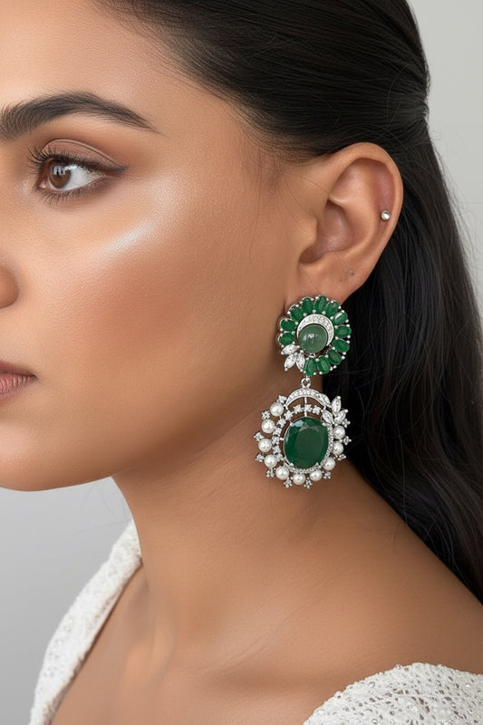 ad zirconia drop earrings in silver polish with pearl and stones 240384