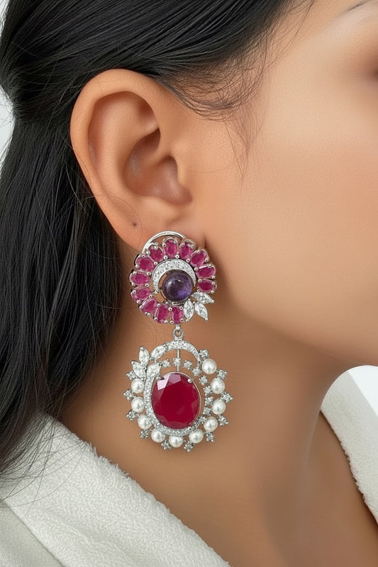 ad zirconia drop earrings in silver polish with pearl and stones 240384