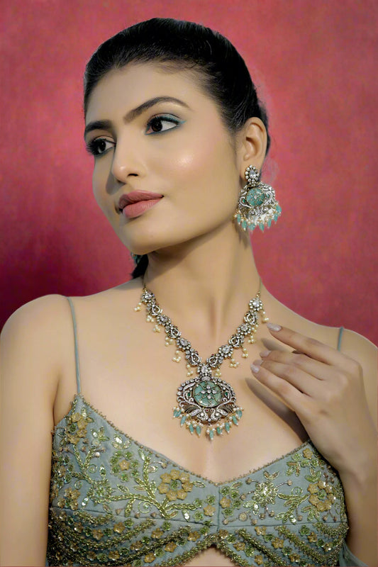 ad zirconia victorian kundan Choker Necklace Earrings Set