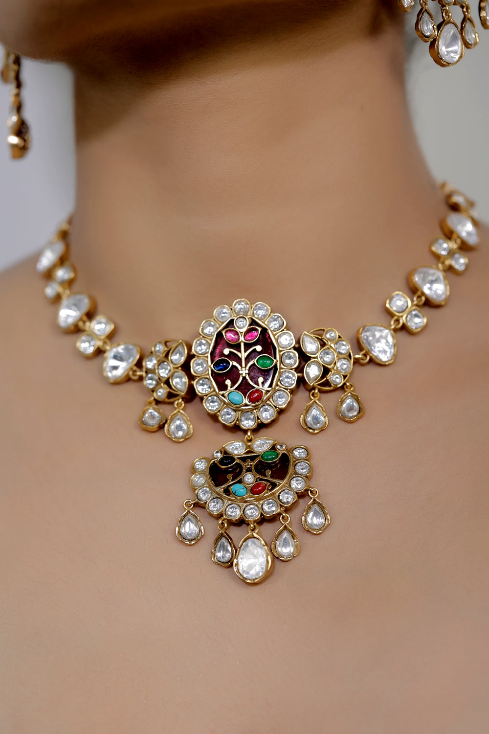 Multicolour Gold Plated Contemporary Necklace set jadau Long Necklace Earrings klnes240349