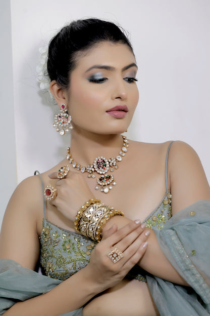 Multicolour Gold Plated Contemporary Necklace set jadau Long Necklace Earrings klnes240349