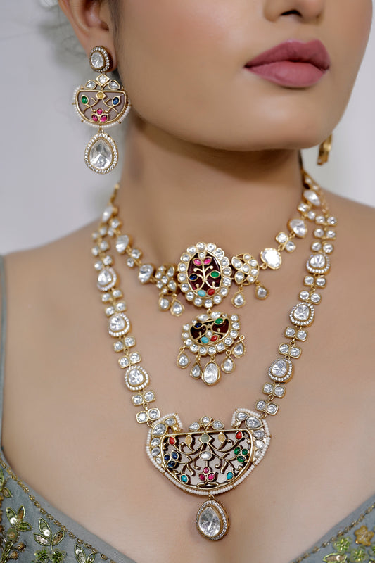 Multicolour Gold Plated Contemporary Necklace set jadau Long Necklace Earrings klnes240348