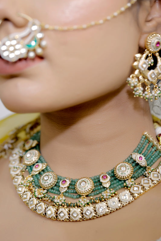 Temple kundan Meena Necklace Earrings Set