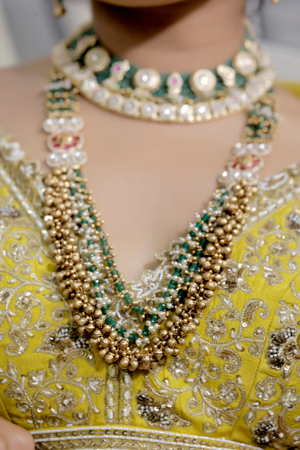 kundan ghungharu mint long temple necklace set