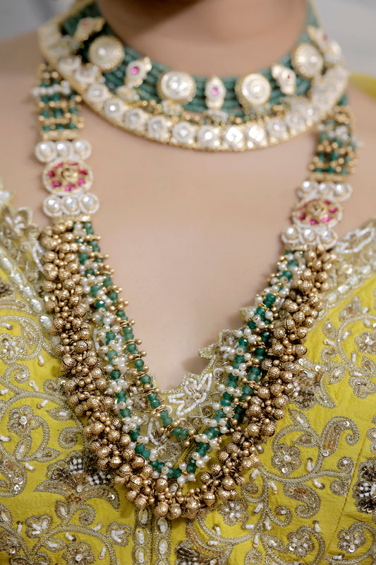 kundan ghungharu mint long temple necklace set
