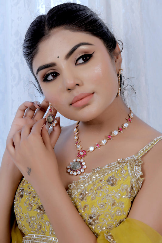 cz pota ruby moissanite kundan phrenite semi precious stone long necklace with drop earrings