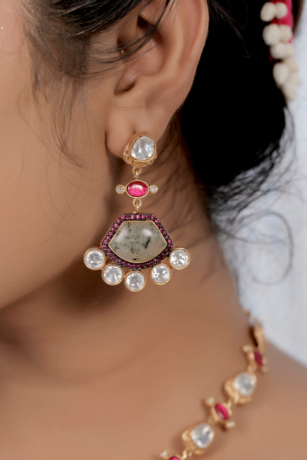 cz pota ruby moissanite kundan phrenite semi precious stone long necklace with drop earrings
