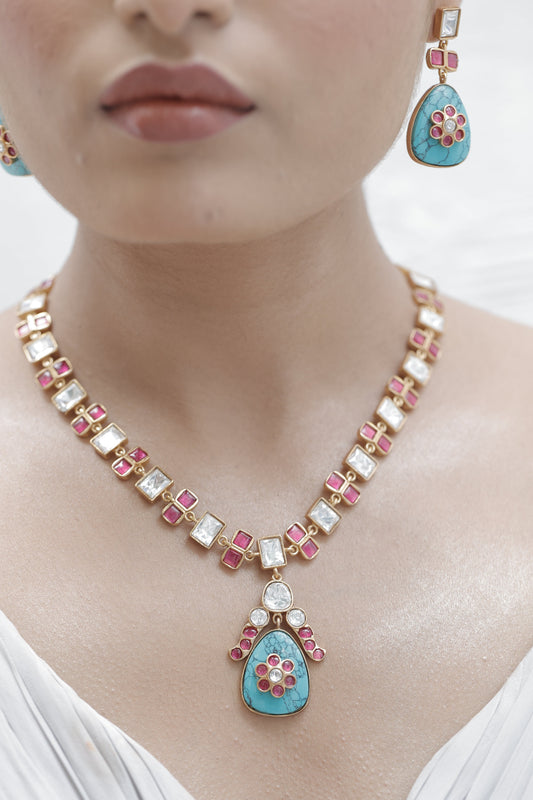 turquoise with inlay pota ruby medium length necklace with drop earrings