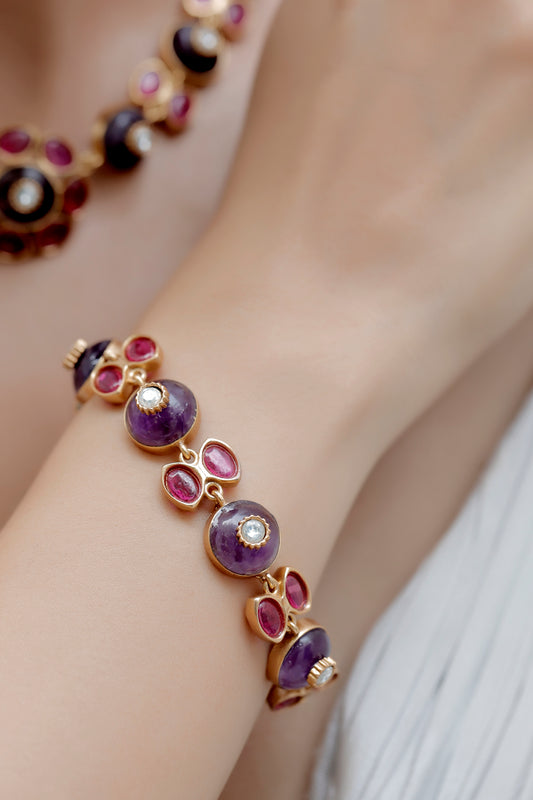 semi precious amethyst stone with inlay work and pota ruby kundan stones in matte gold polish art jewellery indian premium statement contemporary bespoke jewellery
