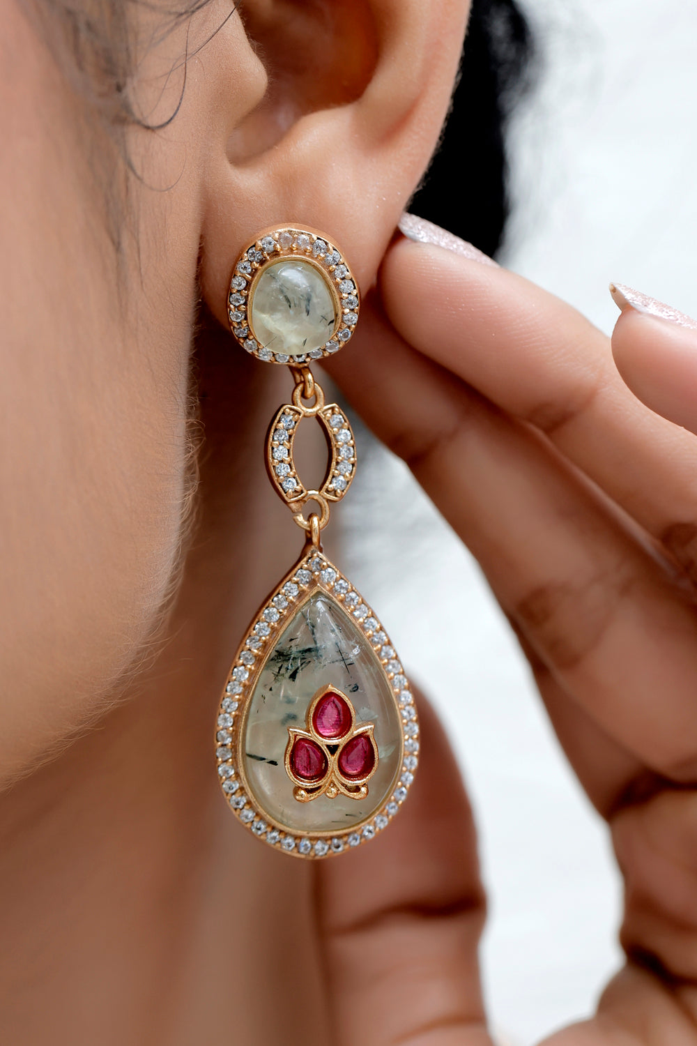 stone moissanite kundan inlay work long necklace with prehnite, cubic zirconia and pota ruby with drop earrings 