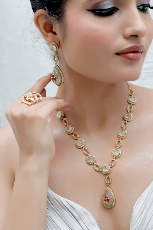 Kundan semi precious Long Necklace Earrings Set klnes240336