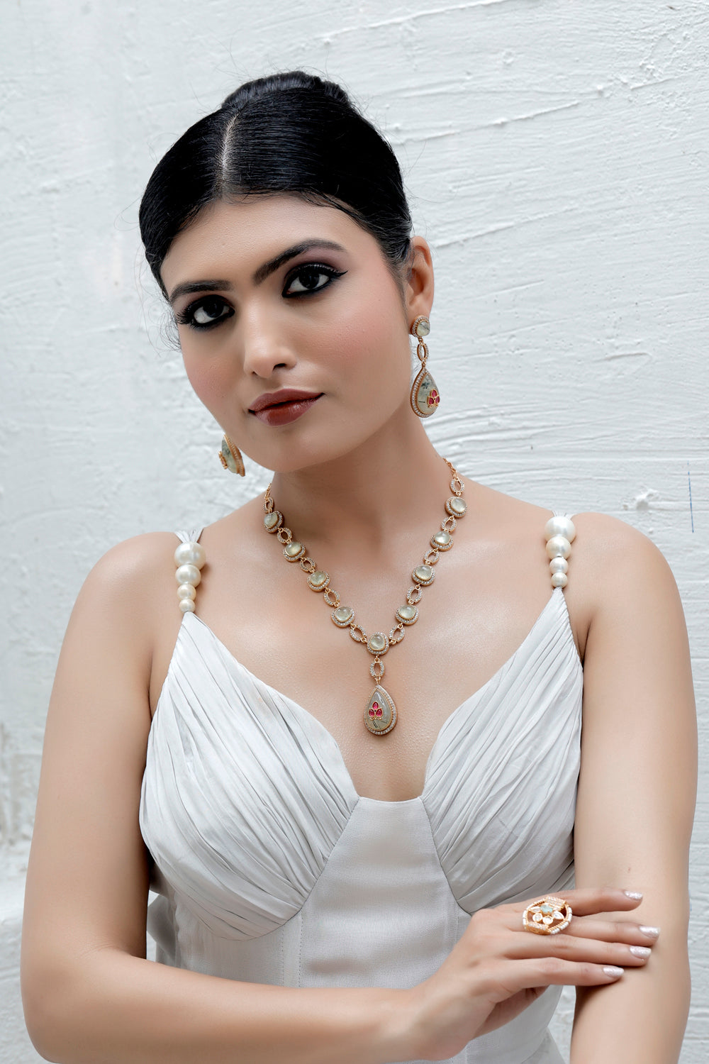 stone moissanite kundan inlay work long necklace with prehnite and pota ruby with drop earrings