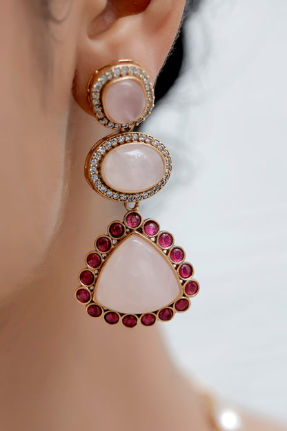 semi precious multi colour rose quarts, cubic zirconia and moissanite studded long necklace with drop earrings contemporary statement jewelry