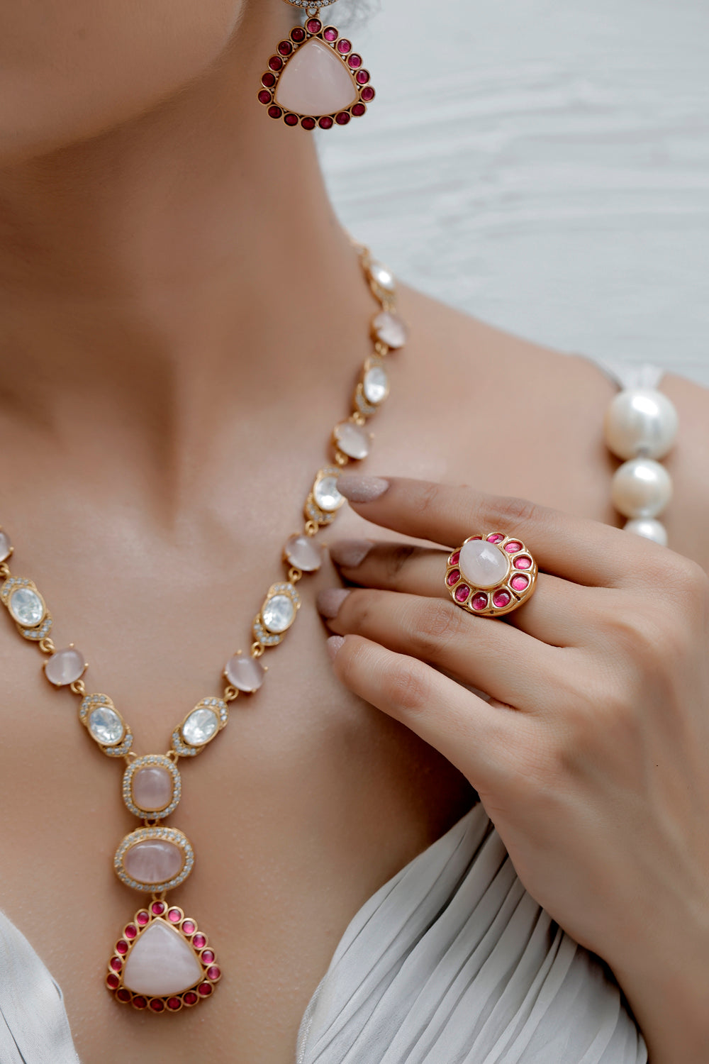 semi precious multi colour rose quarts, cubic zirconia and moissanite studded long necklace with drop earrings contemporary statement jewelry