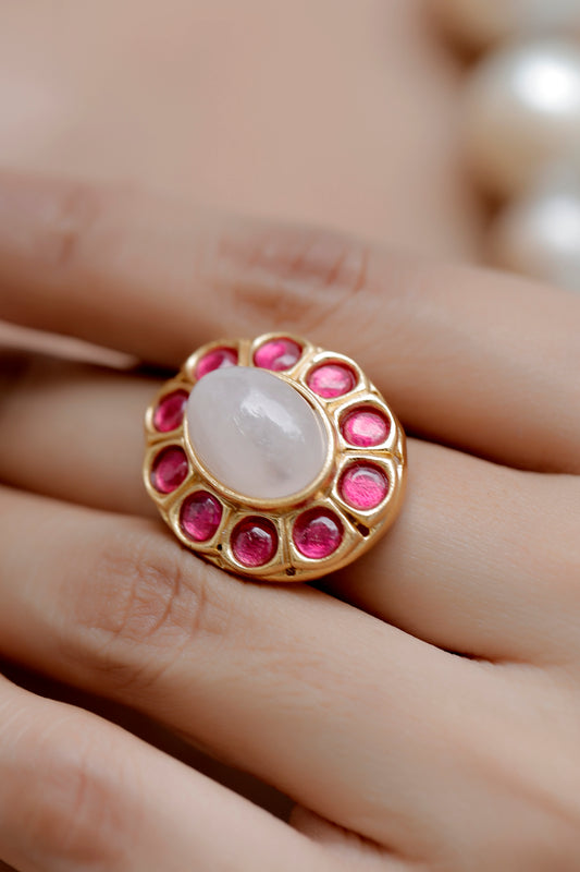 rose quarts pota ruby cocktail finger ring