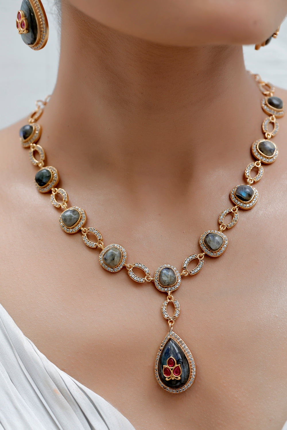 labradorite cubic zirconia pota ruby inlay work long necklace with drop earrings in matte gold polish