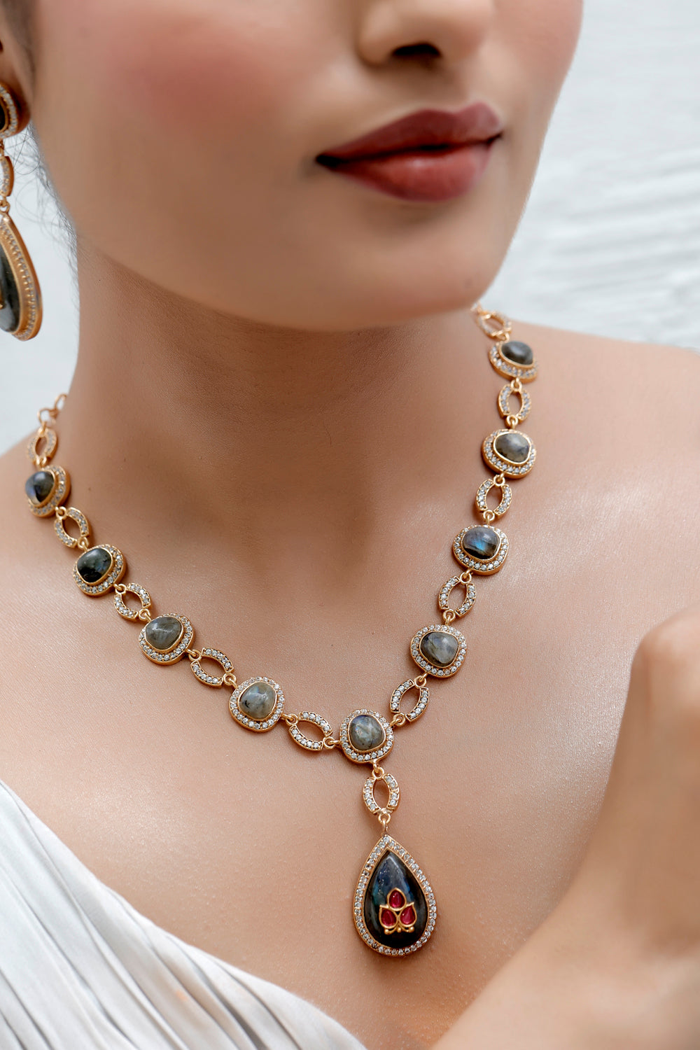 semi precious stone labradorite cubic zirconia pota ruby inlay work long necklace with drop earrings in matte gold polish
