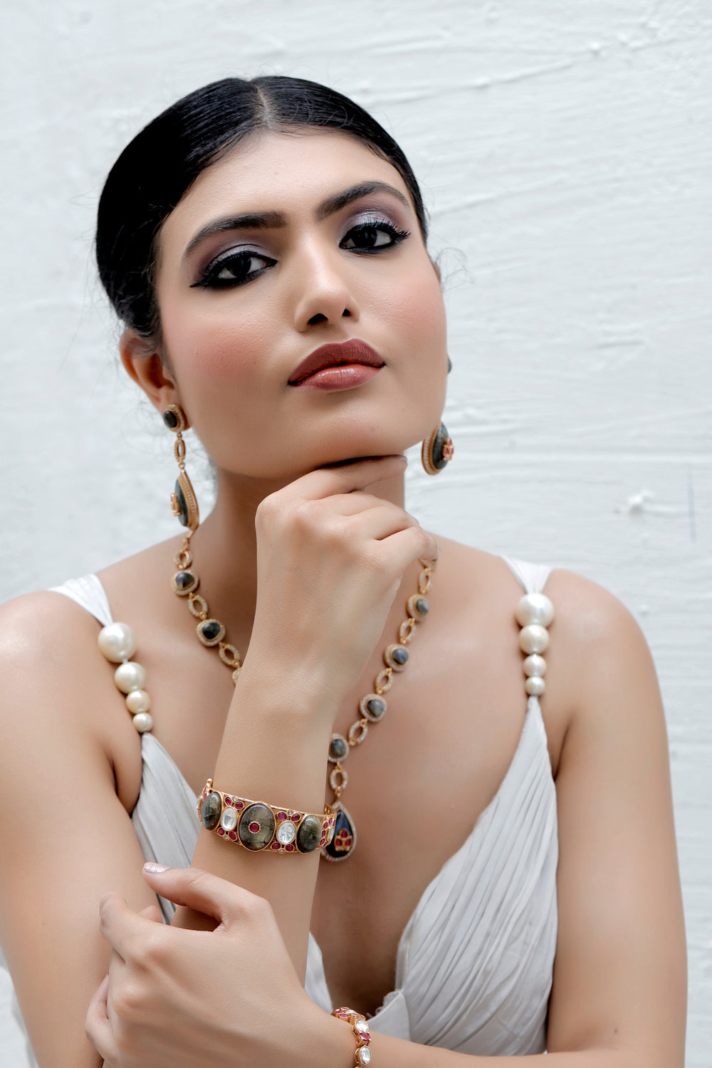 openable kada bracelet semi precious labradorite stone pota ruby matte gold polish