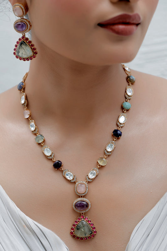 semi precious multi colour amethyst, rose quarts, turquoise, prehnite, labradorite, cubic zirconia and moissanite studded long necklace with drop earrings contemporary statement jewelry