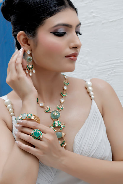 green semi precious stone moissonite tyaani inspired cocktail finger ring adjustable