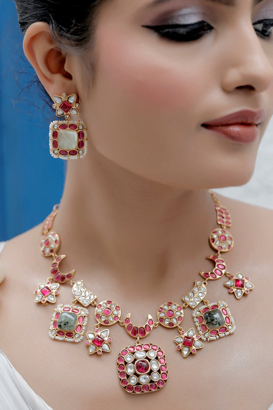 prehnite, pota ruby and moissanite medium sized necklace with drop earrings