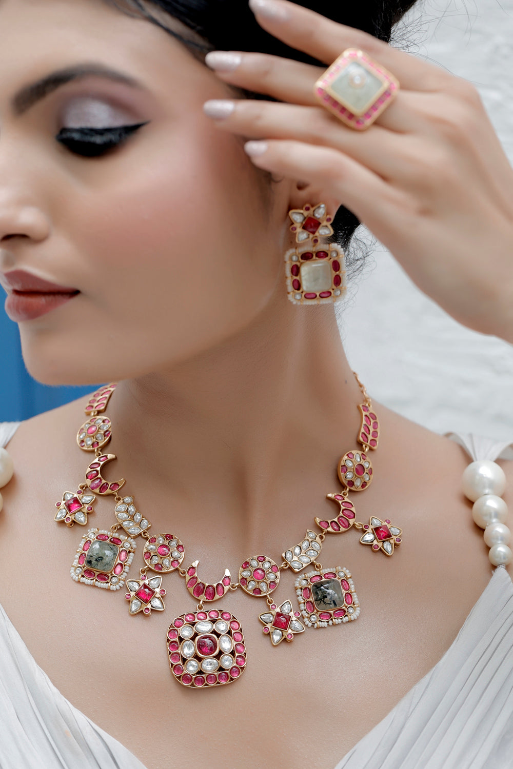 prehnite, pota ruby and moissanite medium sized necklace with drop earrings